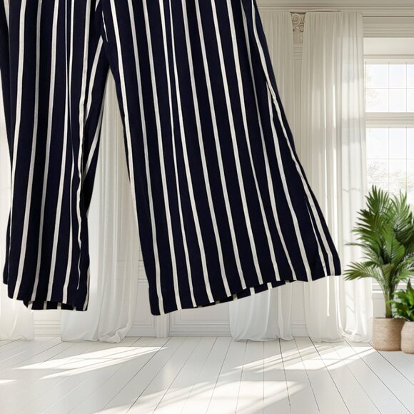 H&M Navy Blue White Striped Paperbag Waist Pants with Belt – Plus Size 22 - Picture 5 of 10
